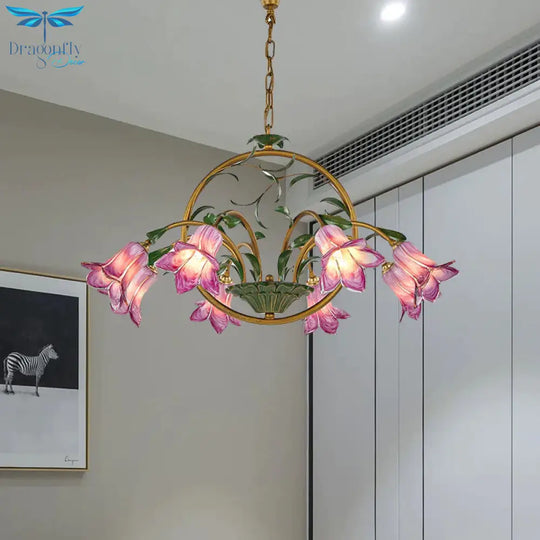 American Garden Lily Hanging Chandelier 6/8/10 Bulbs Metal Led Suspension Light In Brass For Dining