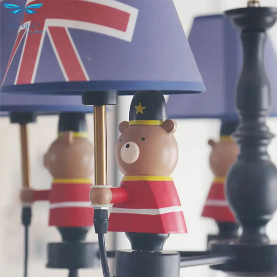 American Style Bear Chandelier Metal 5 Lights Blue Shade Hanging Pendant For Kid Bedroom