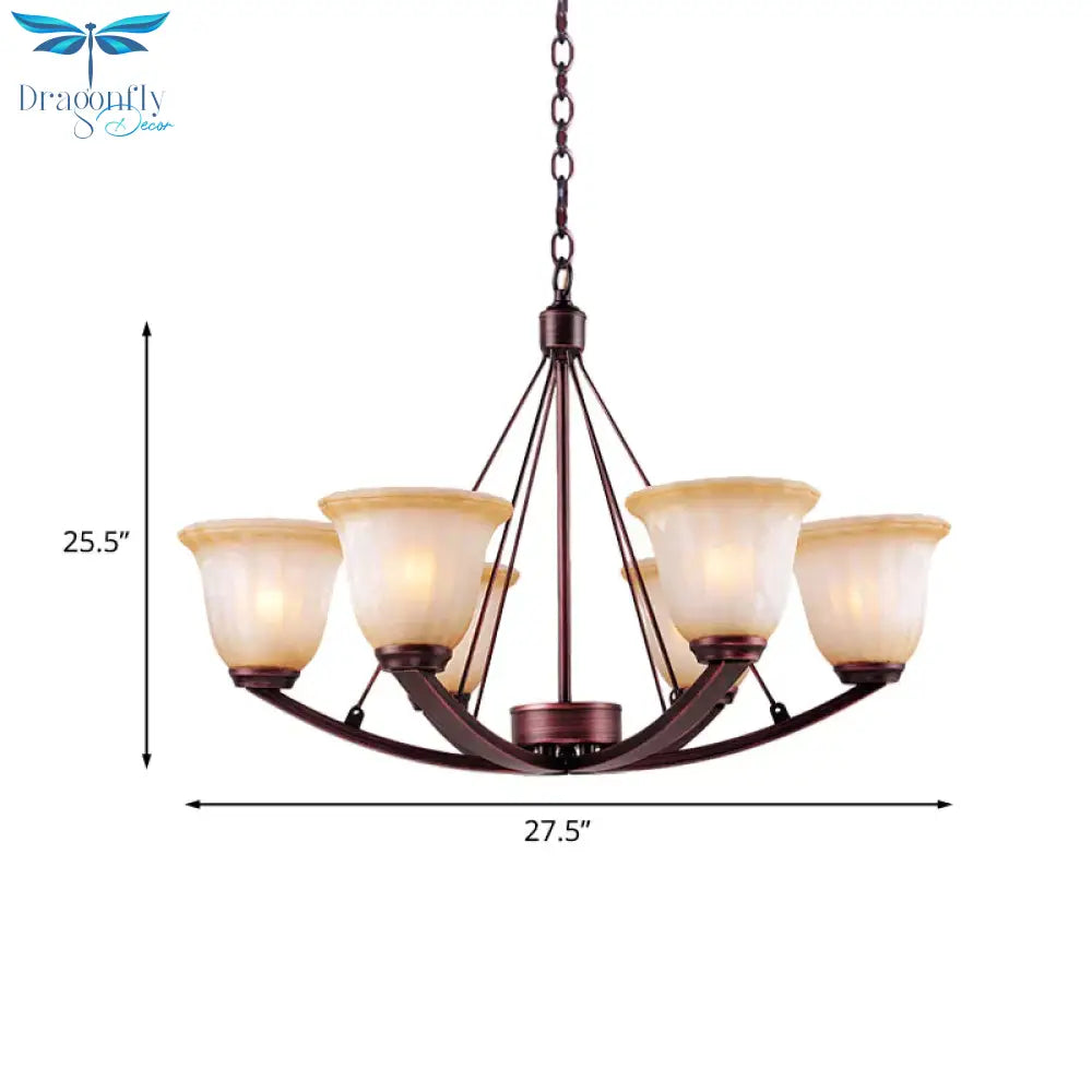 Antique Bell Chandelier Pendant Light 6/8 Bulbs Frosted Glass Hanging Lamp In Copper For Living Room