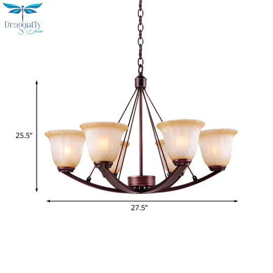 Antique Bell Chandelier Pendant Light 6/8 Bulbs Frosted Glass Hanging Lamp In Copper For Living Room