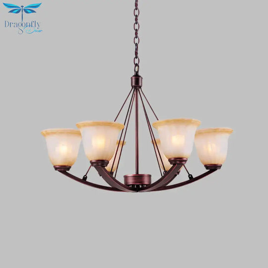 Antique Bell Chandelier Pendant Light 6/8 Bulbs Frosted Glass Hanging Lamp In Copper For Living Room