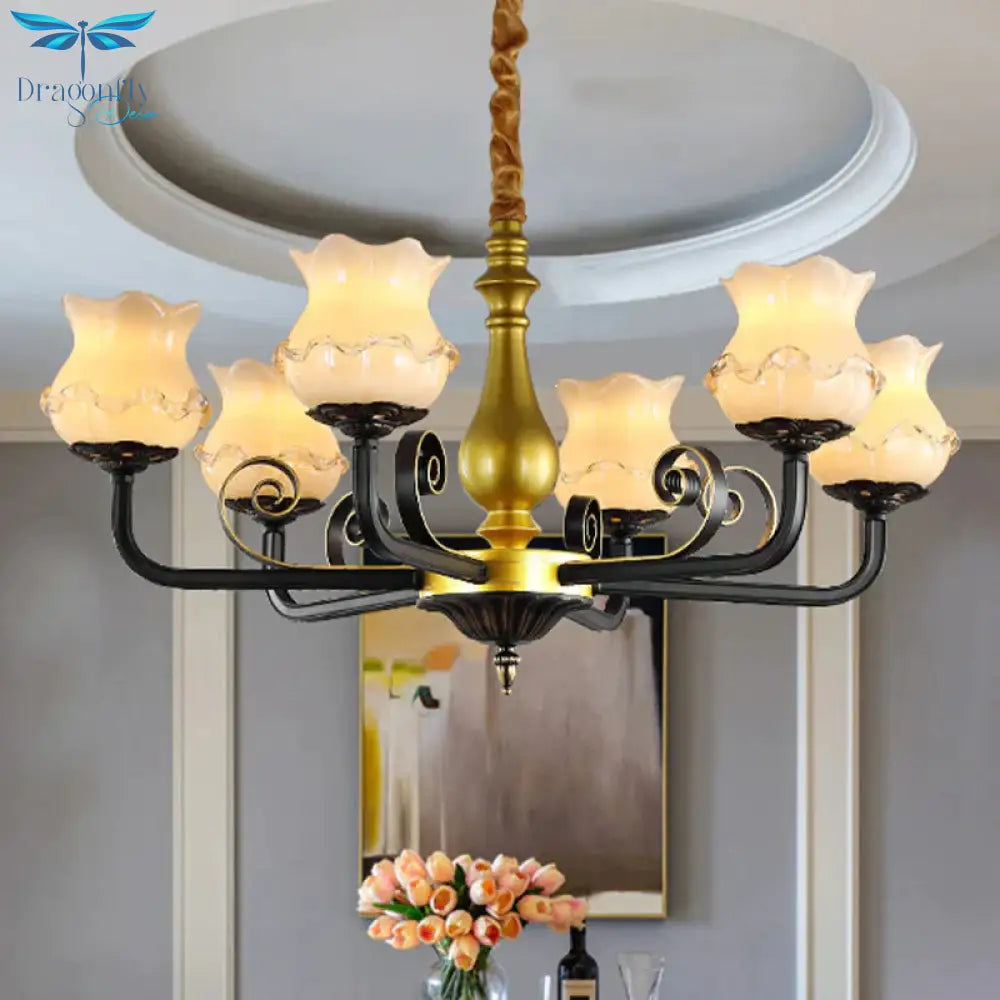 Antique Blossom Chandelier Lighting 6 - Head Frosted Glass Ceiling Pendant Light In Black