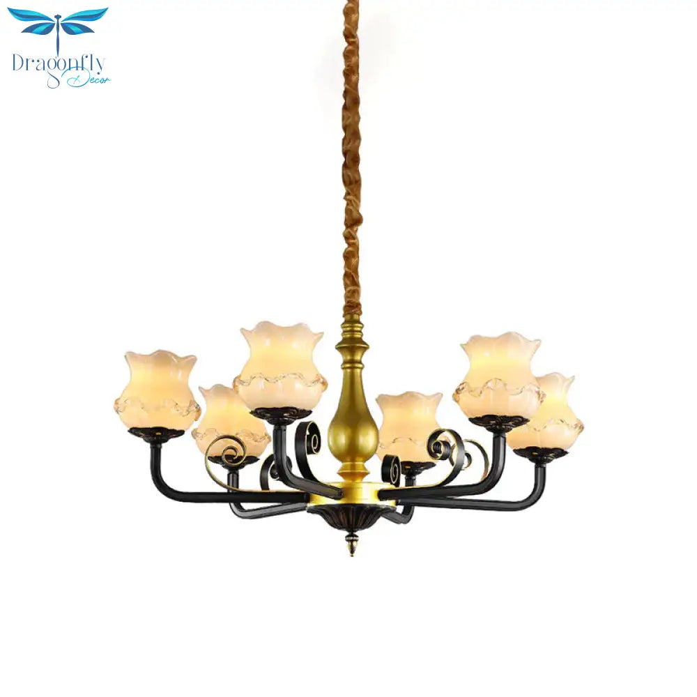 Antique Blossom Chandelier Lighting 6 - Head Frosted Glass Ceiling Pendant Light In Black