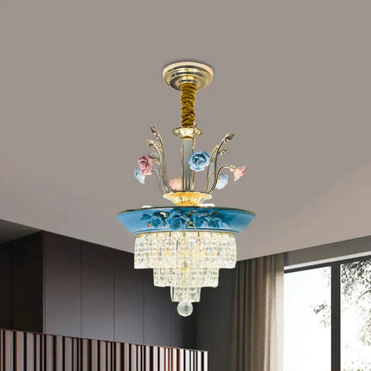 Antique Chandelier Crystal Drop Lamp With Handmade Rose Trim In Blue/Beige Blue / 14’