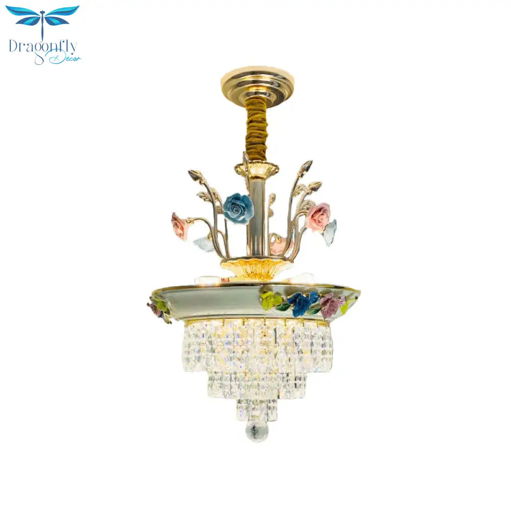 Antique Chandelier Crystal Drop Lamp With Handmade Rose Trim In Blue/Beige