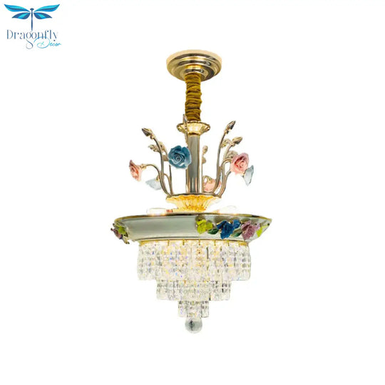 Antique Chandelier Crystal Drop Lamp With Handmade Rose Trim In Blue/Beige