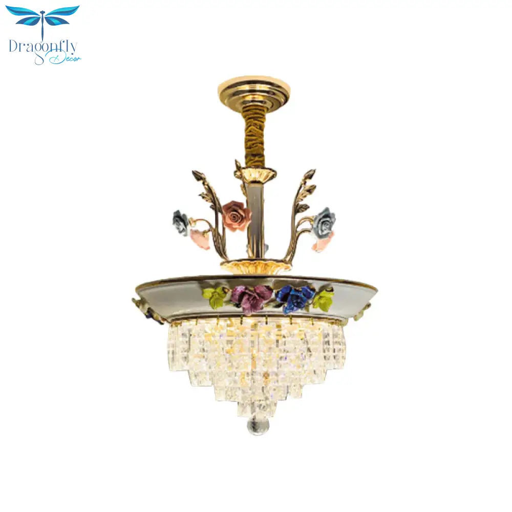 Antique Chandelier Crystal Drop Lamp With Handmade Rose Trim In Blue/Beige