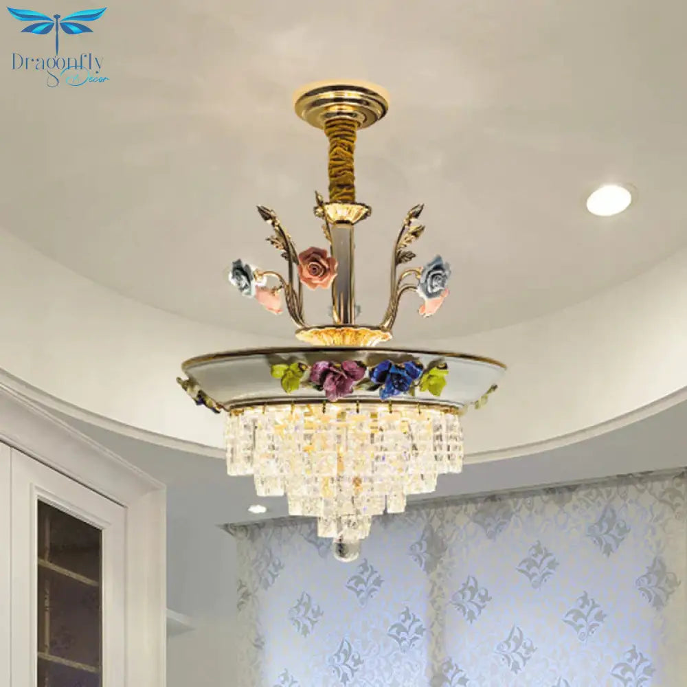 Antique Chandelier Crystal Drop Lamp With Handmade Rose Trim In Blue/Beige