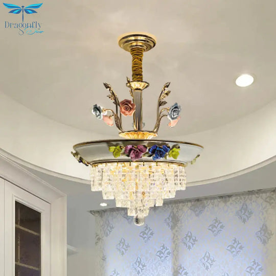 Antique Chandelier Crystal Drop Lamp With Handmade Rose Trim In Blue/Beige