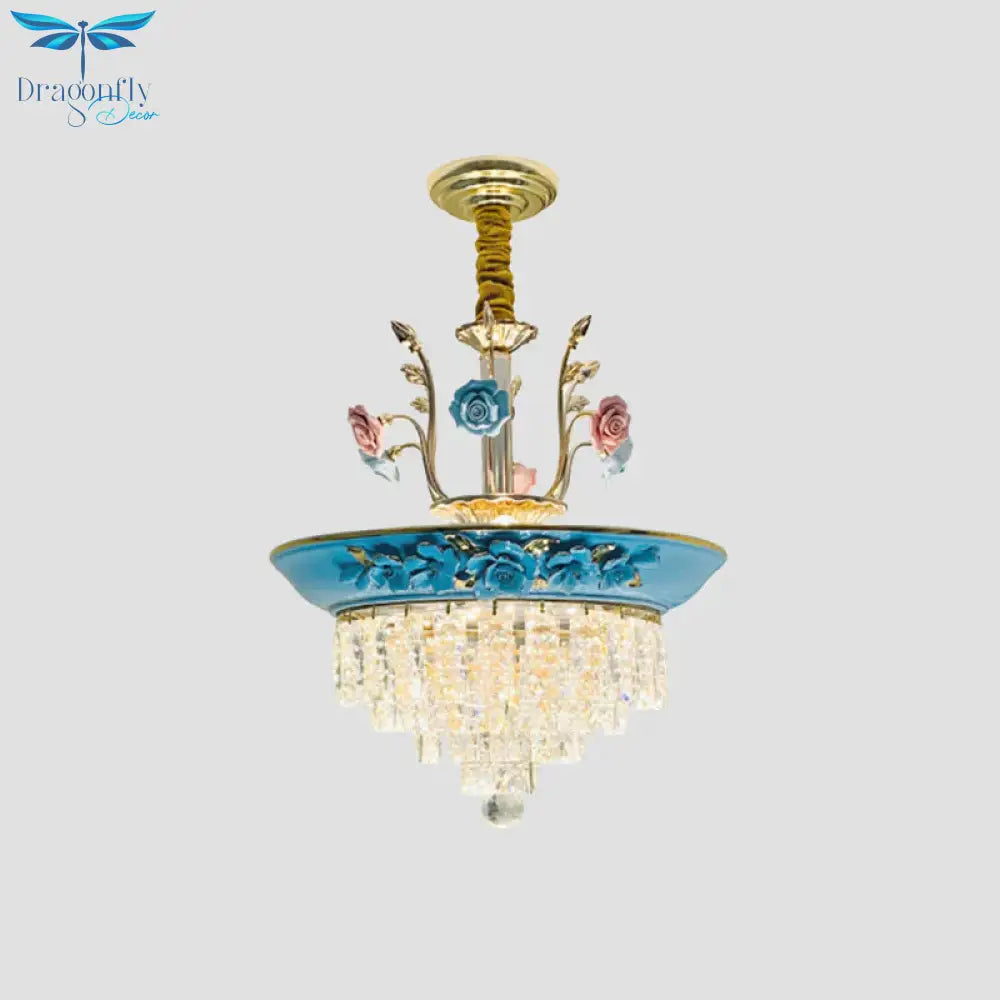 Antique Chandelier Crystal Drop Lamp With Handmade Rose Trim In Blue/Beige