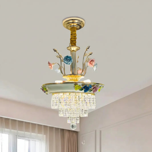 Antique Chandelier Crystal Drop Lamp With Handmade Rose Trim In Blue/Beige