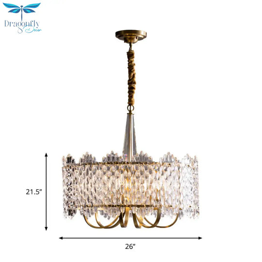 Antique Drum Suspension Lighting 6 - Bulb Clear K9 Crystal Chandelier Pendant Light In Gold