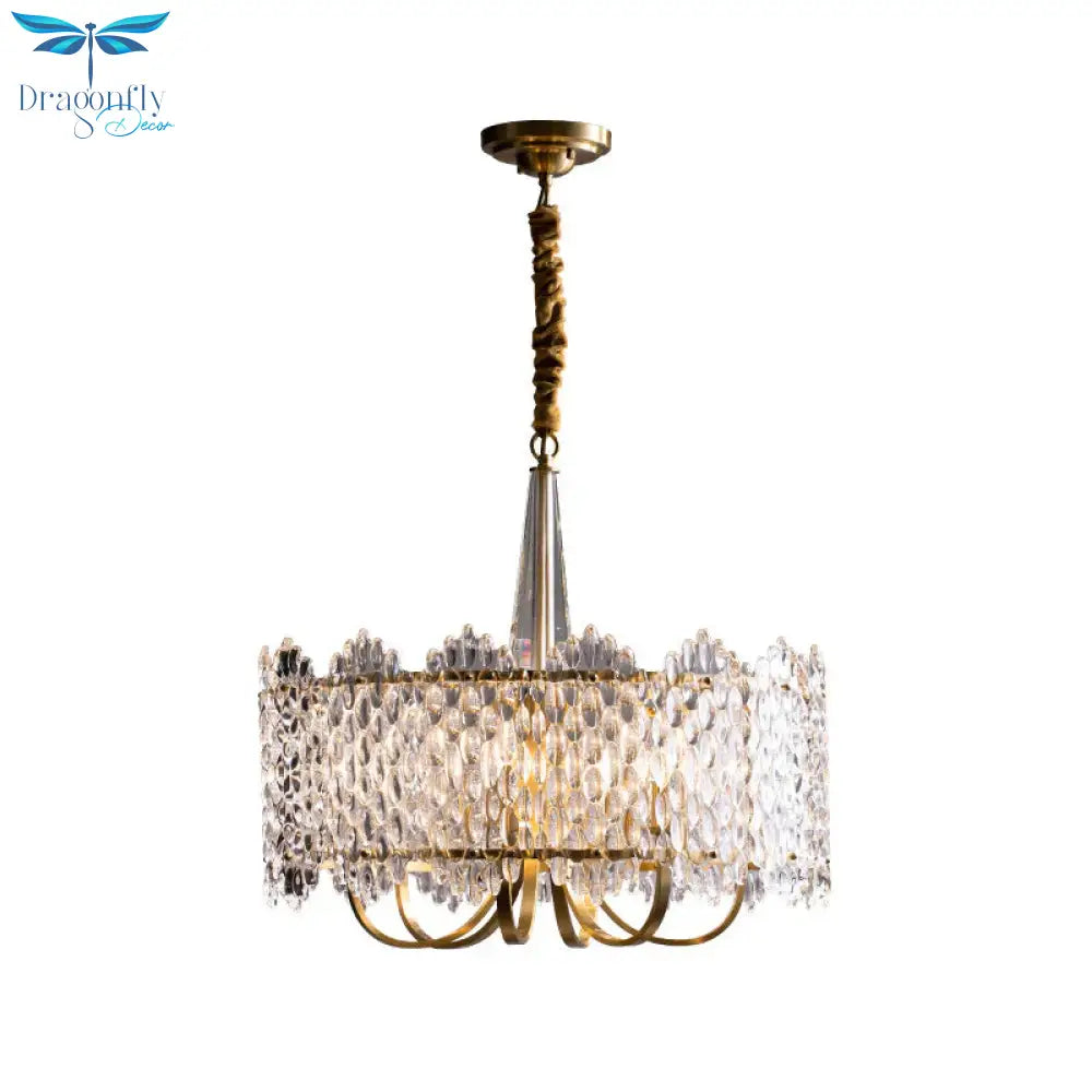 Antique Drum Suspension Lighting 6 - Bulb Clear K9 Crystal Chandelier Pendant Light In Gold