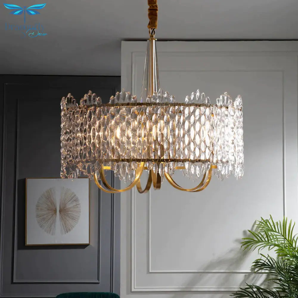 Antique Drum Suspension Lighting 6 - Bulb Clear K9 Crystal Chandelier Pendant Light In Gold