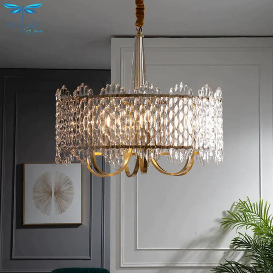 Antique Drum Suspension Lighting 6 - Bulb Clear K9 Crystal Chandelier Pendant Light In Gold