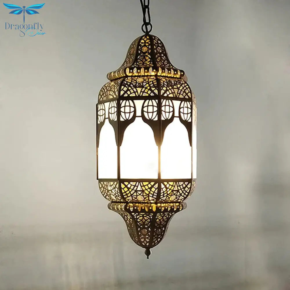 Antique Lantern Hanging Lamp 4 Bulbs Frosted Glass Ceiling Chandelier In Brass For Restaurant