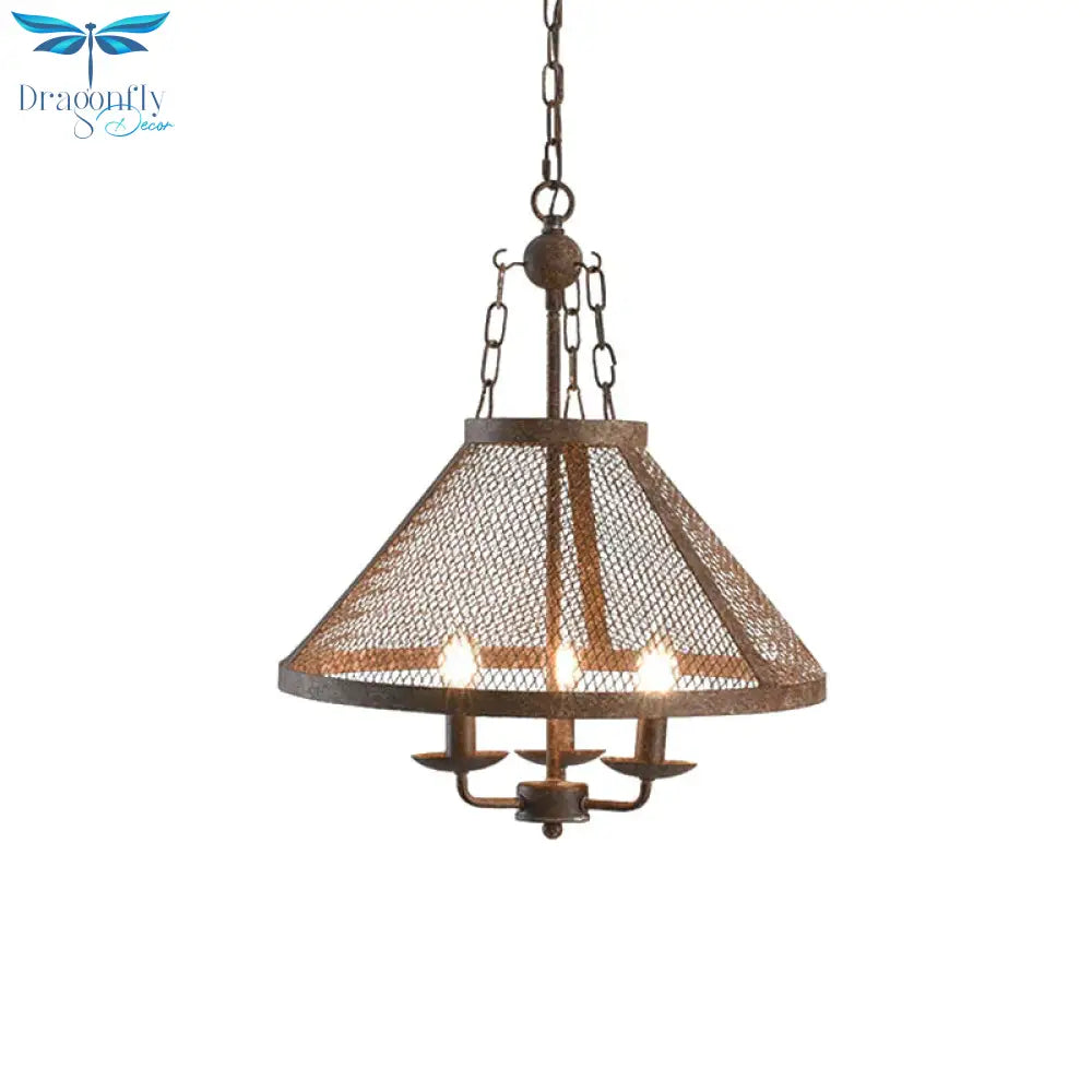 Antique Mesh Flared Pendant Light With Candle 3 Lights Metal Chandelier Lamp In Dark Rust For