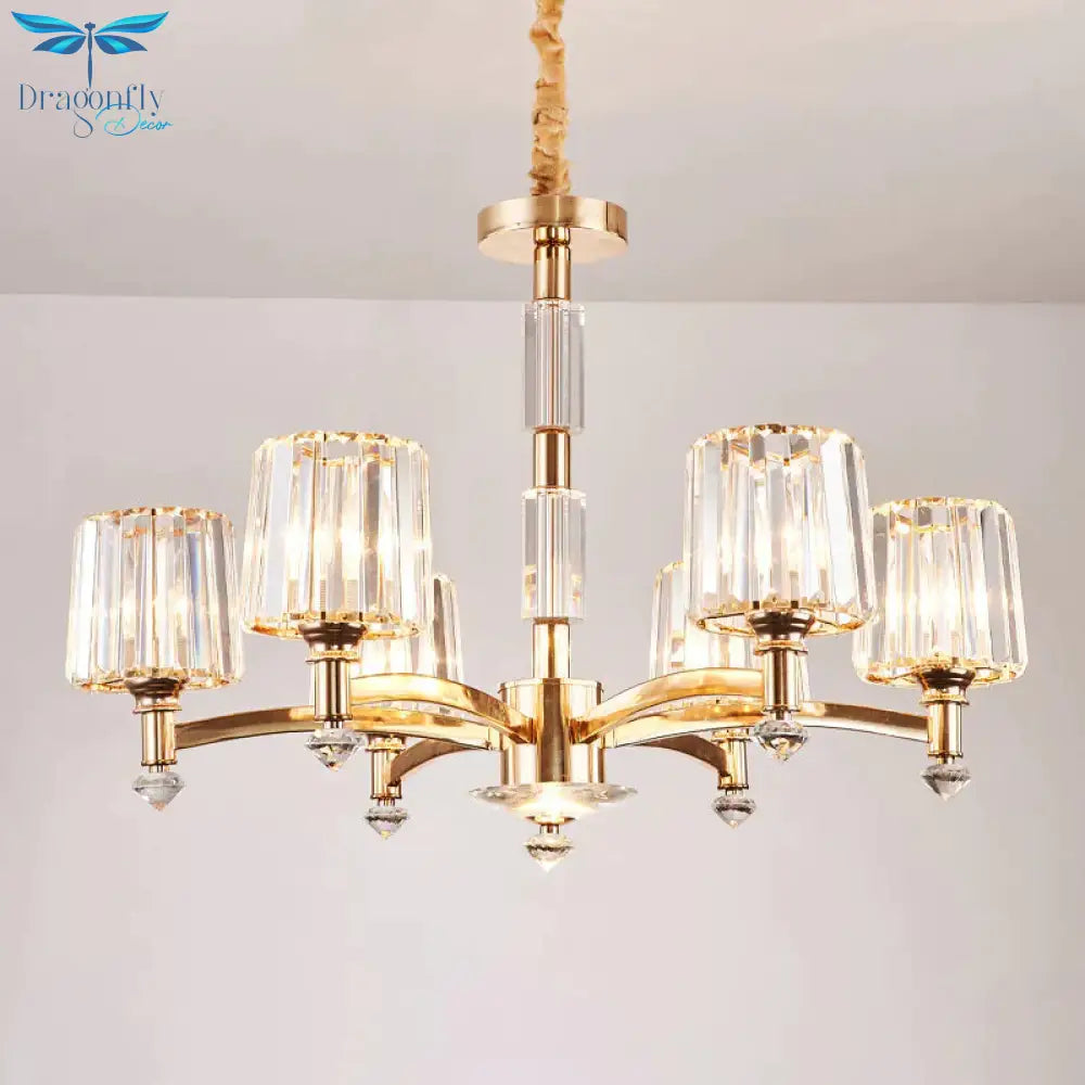 Antique Sputnik Pendant Lighting 6 Bulbs Clear Crystal Block Ceiling Chandelier In Gold For Bedroom