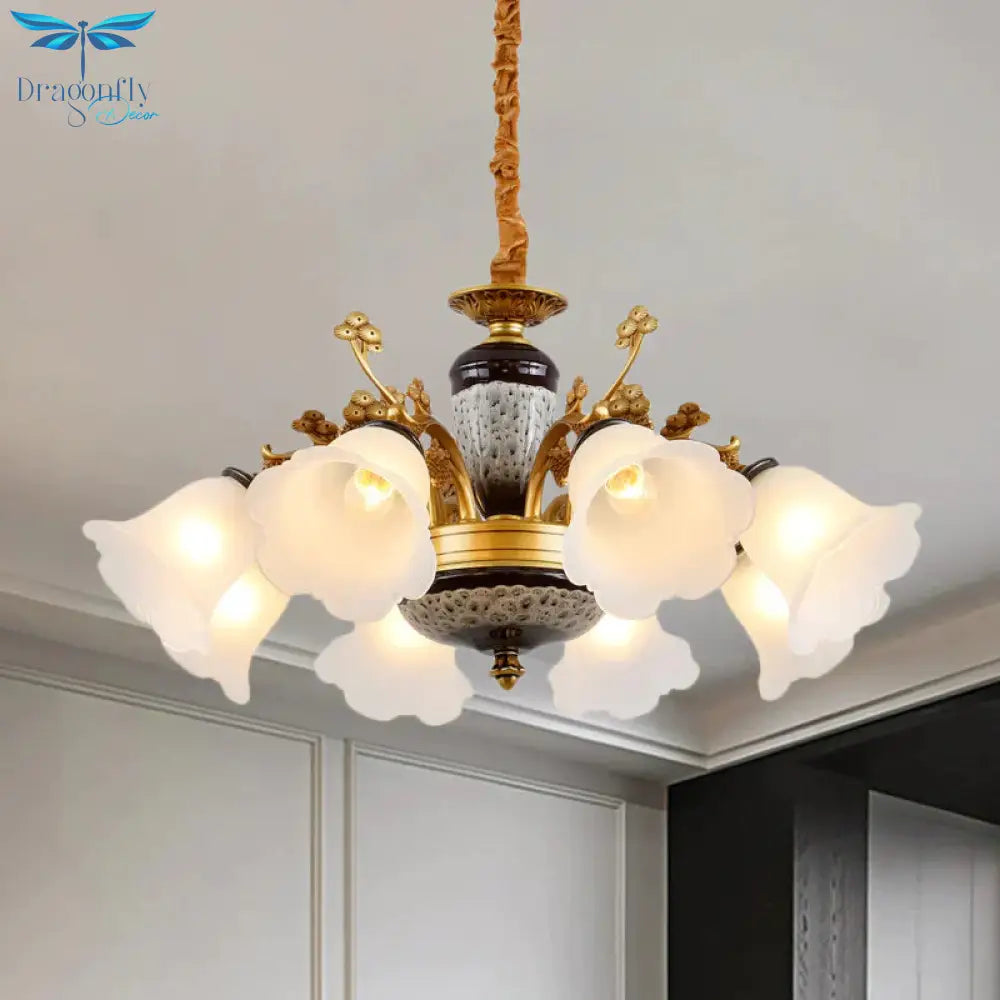 Antique Swooping Arm Chandelier Light 6/8/10 Bulbs Metal Ceiling Lamp In Black - Gold With Blossom