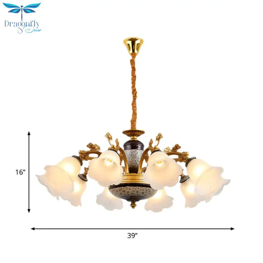 Antique Swooping Arm Chandelier Light 6/8/10 Bulbs Metal Ceiling Lamp In Black - Gold With Blossom
