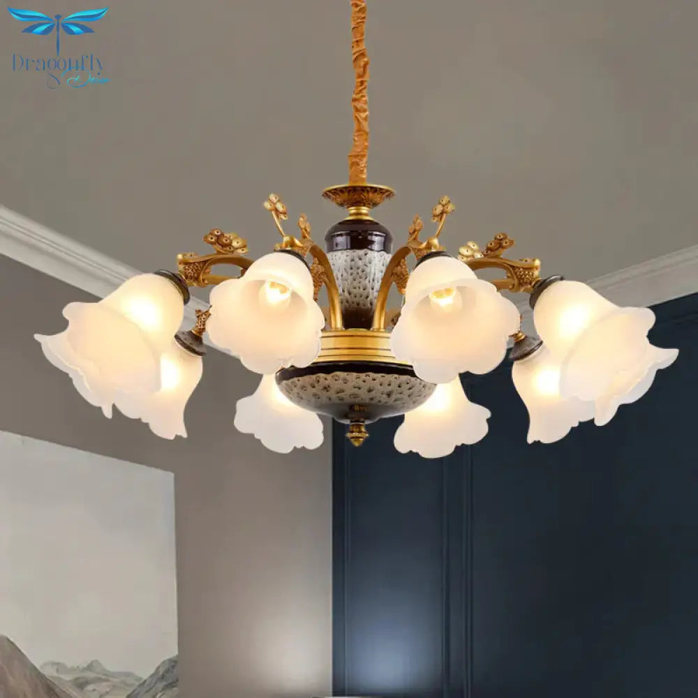 Antique Swooping Arm Chandelier Light 6/8/10 Bulbs Metal Ceiling Lamp In Black - Gold With Blossom