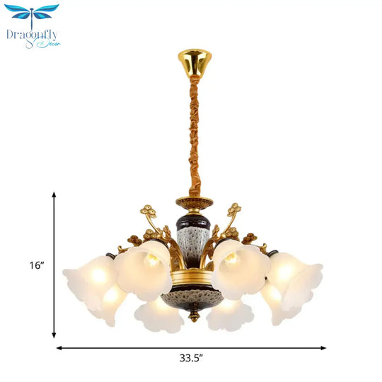 Antique Swooping Arm Chandelier Light 6/8/10 Bulbs Metal Ceiling Lamp In Black - Gold With Blossom