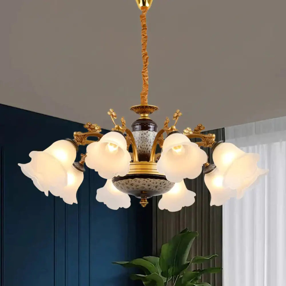 Antique Swooping Arm Chandelier Light 6/8/10 Bulbs Metal Ceiling Lamp In Black - Gold With Blossom