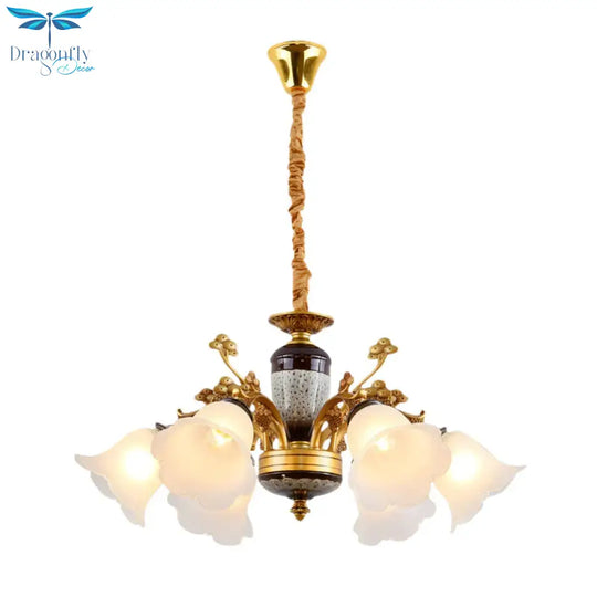 Antique Swooping Arm Chandelier Light 6/8/10 Bulbs Metal Ceiling Lamp In Black - Gold With Blossom