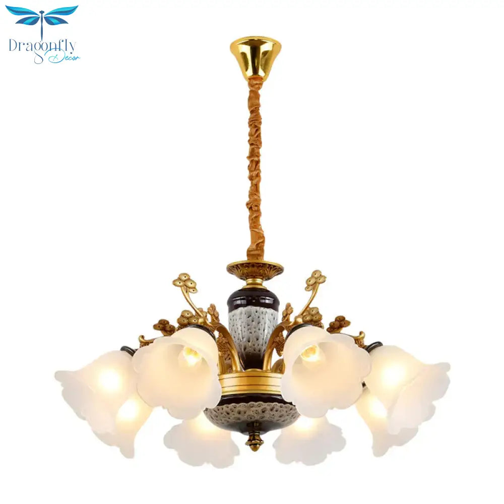 Antique Swooping Arm Chandelier Light 6/8/10 Bulbs Metal Ceiling Lamp In Black - Gold With Blossom