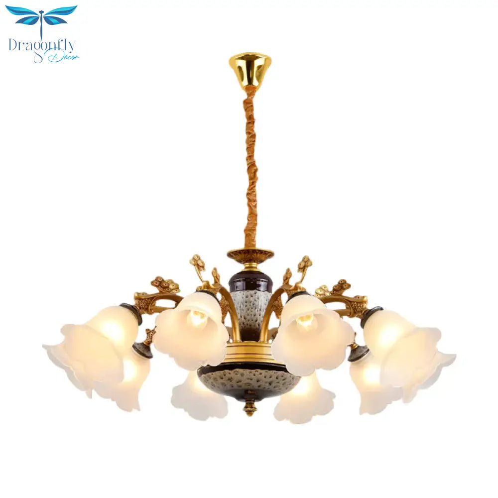Antique Swooping Arm Chandelier Light 6/8/10 Bulbs Metal Ceiling Lamp In Black - Gold With Blossom