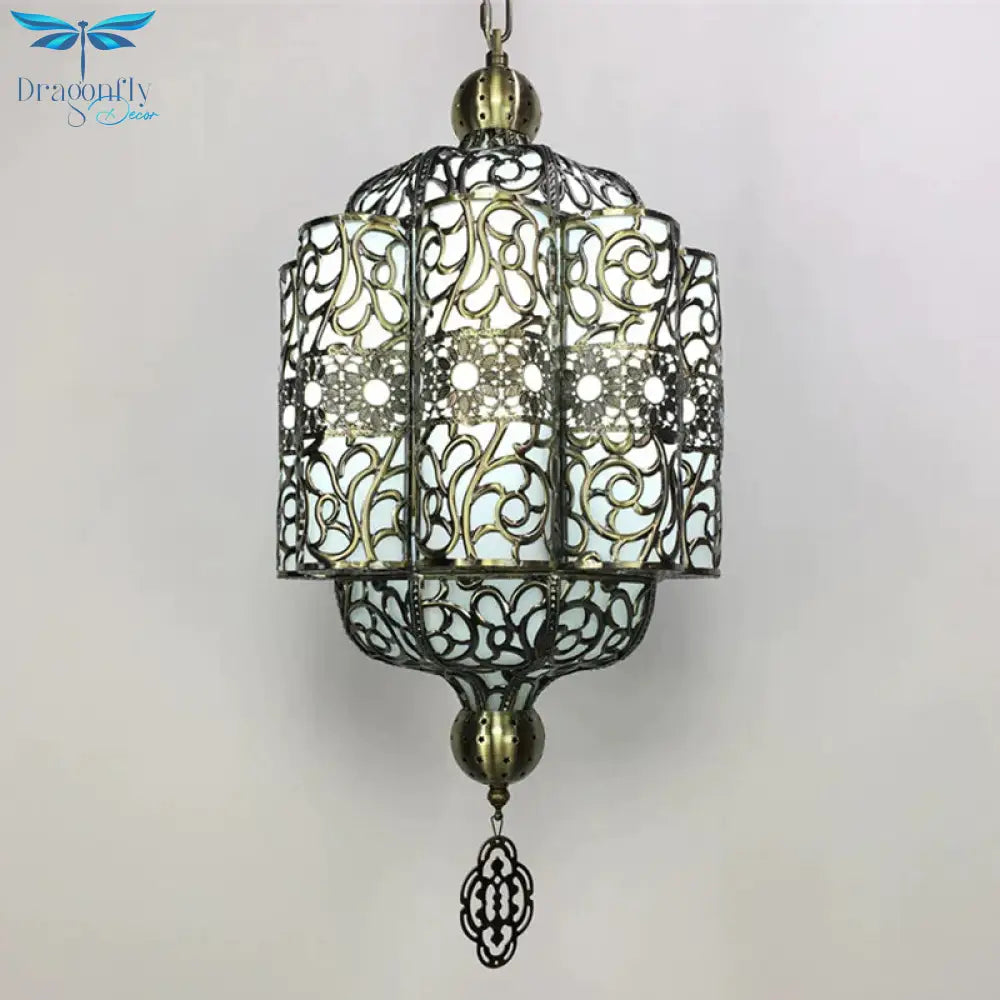 Antiqued Lantern Hanging Light Kit 4 Heads Metal Chandelier Lamp In Black With White Acrylic Shade