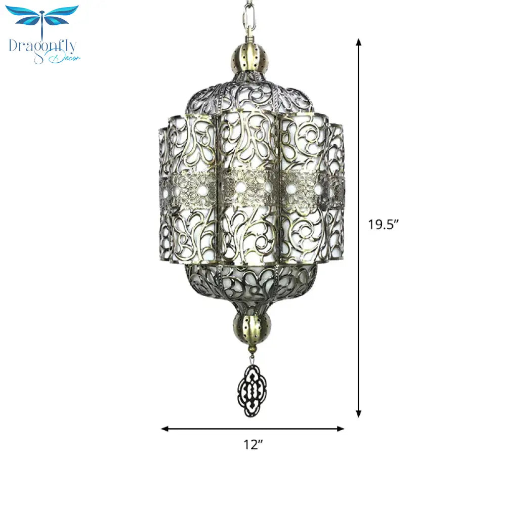 Antiqued Lantern Hanging Light Kit 4 Heads Metal Chandelier Lamp In Black With White Acrylic Shade