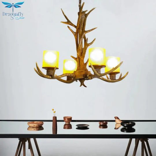 Antler Bedroom Chandelier Lighting Cottage Resin 4/6 Bulbs Brown Hanging Pendant Lamp