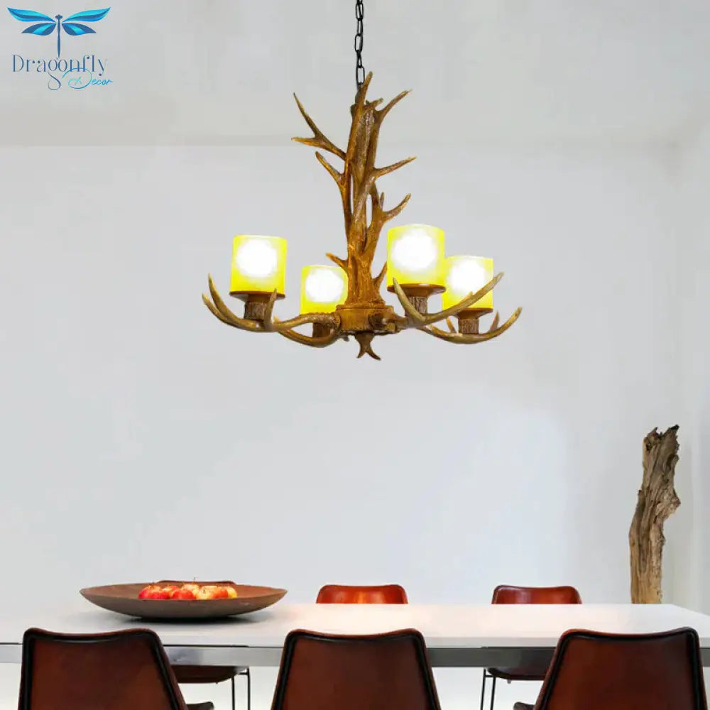 Antler Bedroom Chandelier Lighting Cottage Resin 4/6 Bulbs Brown Hanging Pendant Lamp