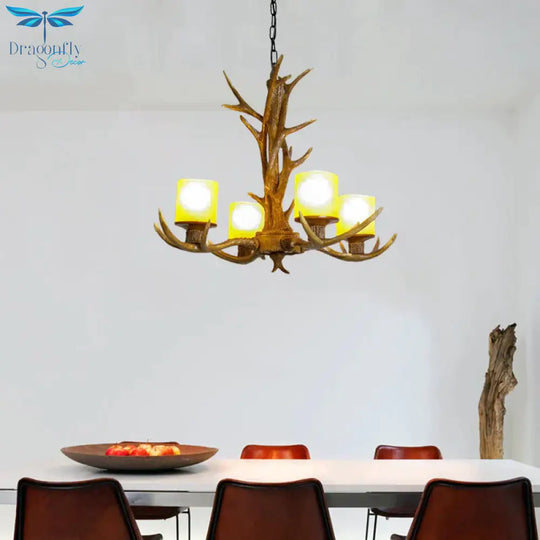 Antler Bedroom Chandelier Lighting Cottage Resin 4/6 Bulbs Brown Hanging Pendant Lamp