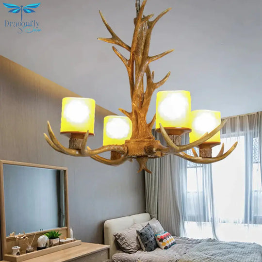 Antler Bedroom Chandelier Lighting Cottage Resin 4/6 Bulbs Brown Hanging Pendant Lamp