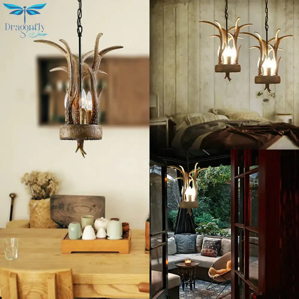 Antler Horn Chandelier Light Lodge Style 3 Lights Resin Pendant Lighting In Wood