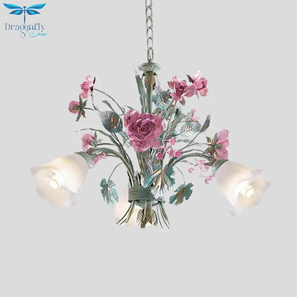 Aqua Floral Chandelier Lamp Pastoral Metal 3/5/8 Heads Living Room Led Ceiling Pendant Light