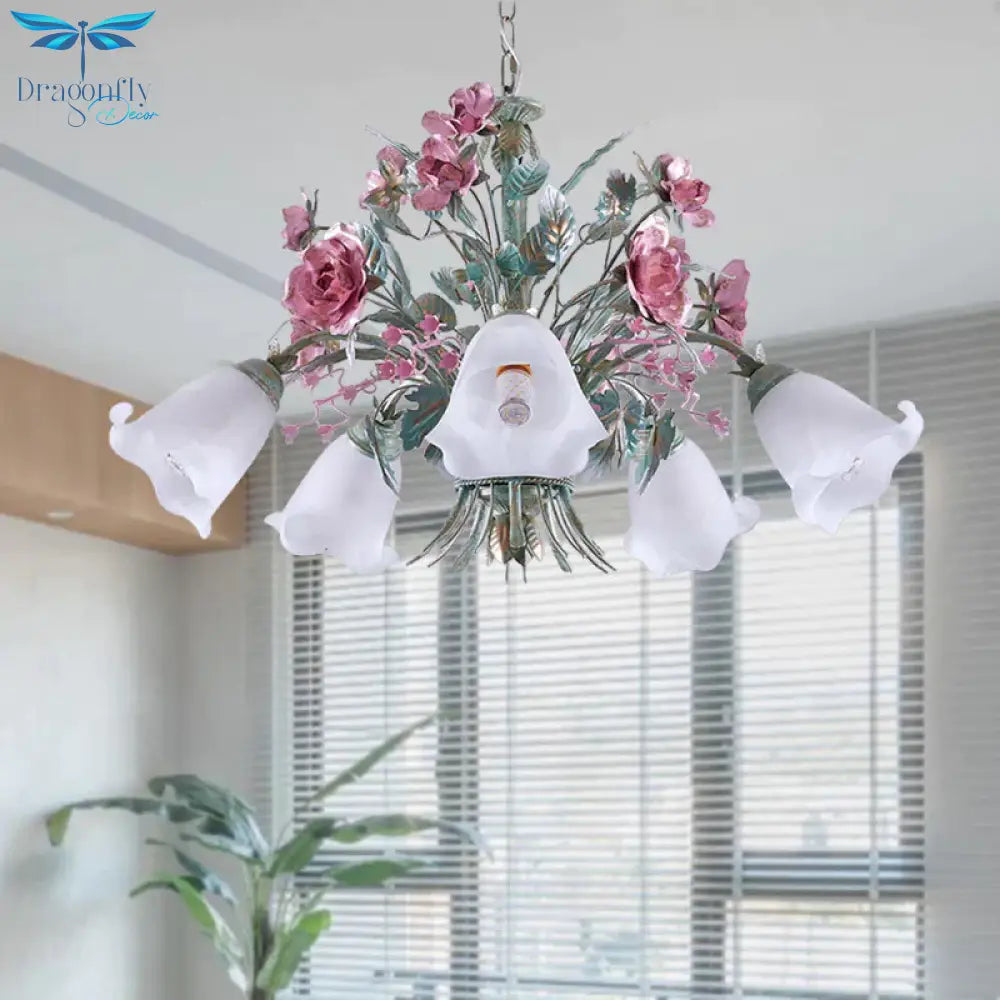 Aqua Floral Chandelier Lamp Pastoral Metal 3/5/8 Heads Living Room Led Ceiling Pendant Light