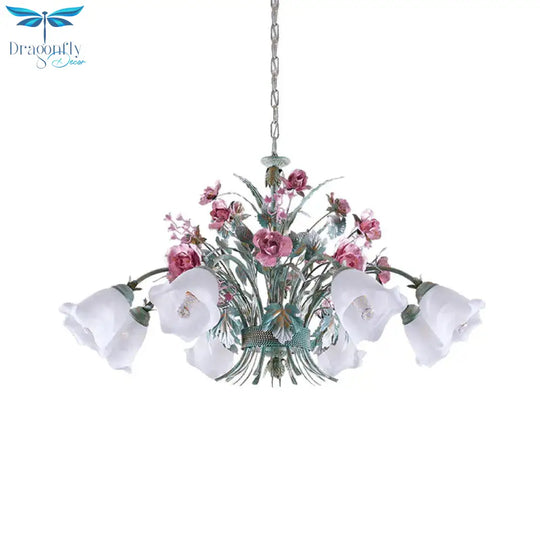 Aqua Floral Chandelier Lamp Pastoral Metal 3/5/8 Heads Living Room Led Ceiling Pendant Light