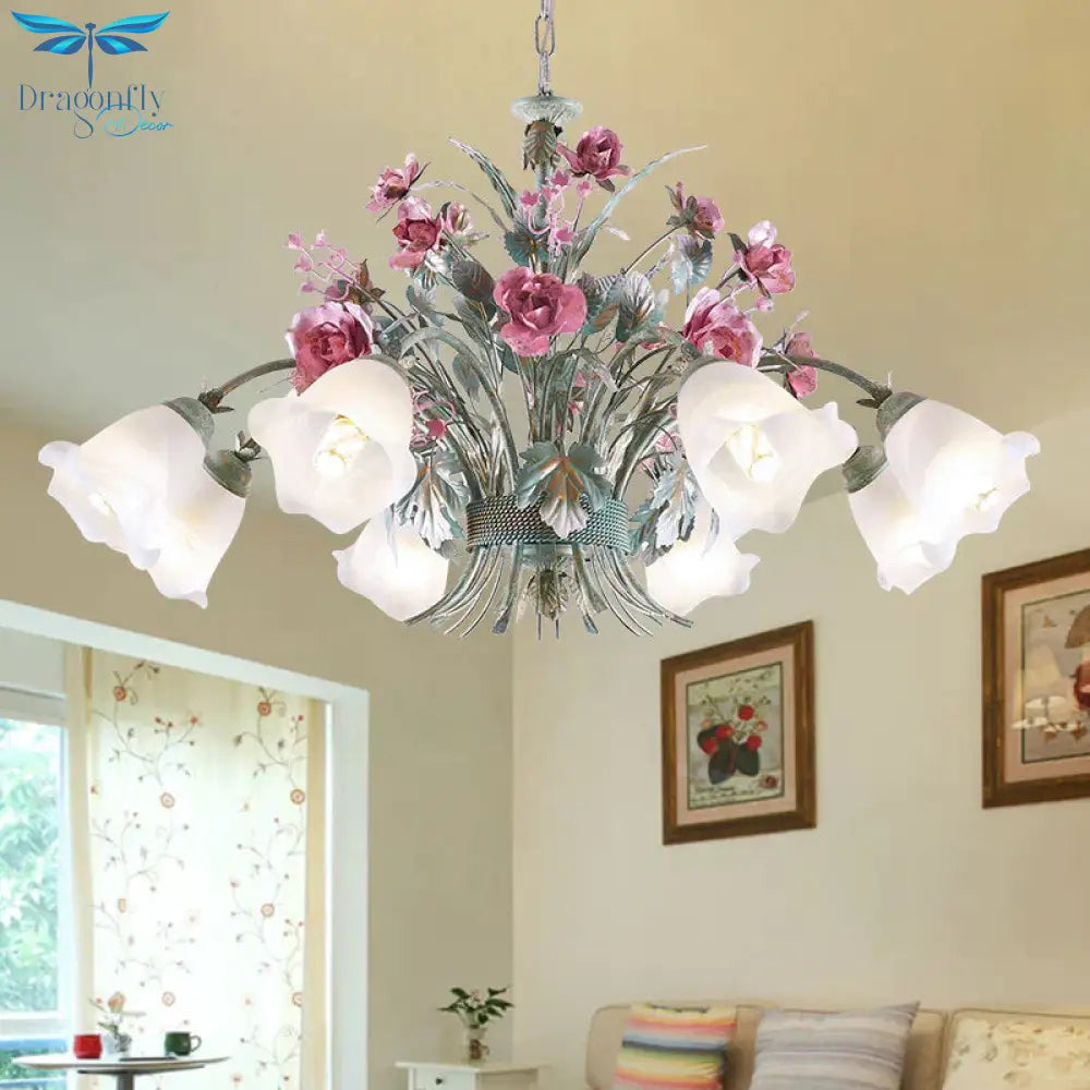 Aqua Floral Chandelier Lamp Pastoral Metal 3/5/8 Heads Living Room Led Ceiling Pendant Light