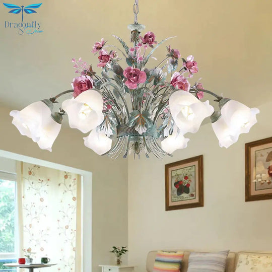 Aqua Floral Chandelier Lamp Pastoral Metal 3/5/8 Heads Living Room Led Ceiling Pendant Light