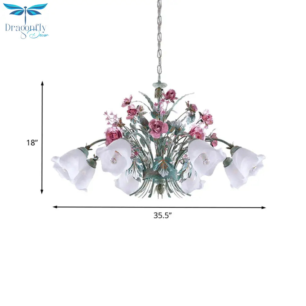 Aqua Floral Chandelier Lamp Pastoral Metal 3/5/8 Heads Living Room Led Ceiling Pendant Light