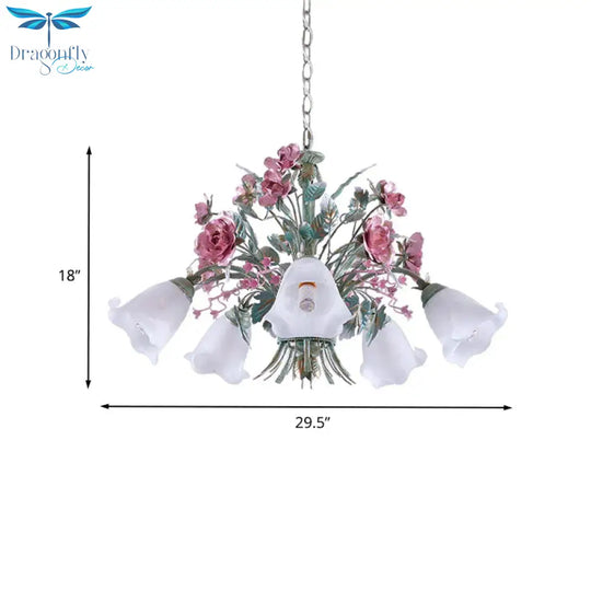 Aqua Floral Chandelier Lamp Pastoral Metal 3/5/8 Heads Living Room Led Ceiling Pendant Light