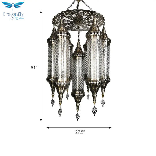 Arab Cylinder Hanging Lamp 7 Heads Clear Crackle Glass Chandelier Lighting Fixture In Bronze