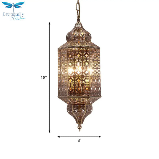 Arab Hexagonal Chandelier Light 3 - Bulb Metal Hanging Pendant In Brass With Hollow - Out Design