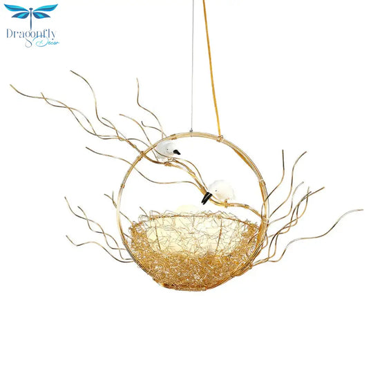 Artistry 3 - Light Chandelier Pendant Golden Aluminum Basket Hanging Lamp With Birds And Matte
