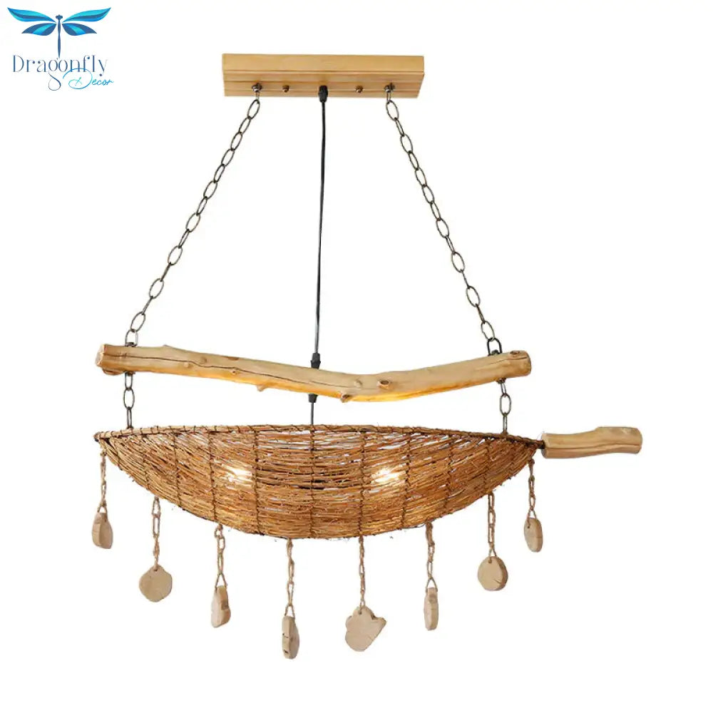 Asian Boat Shape Ceiling Chandelier Bamboo Rattan 2 Heads Restaurant Suspension Lamp In Flaxen With