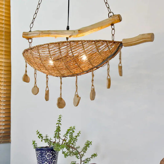 Asian Boat Shape Ceiling Chandelier Bamboo Rattan 2 Heads Restaurant Suspension Lamp In Flaxen With