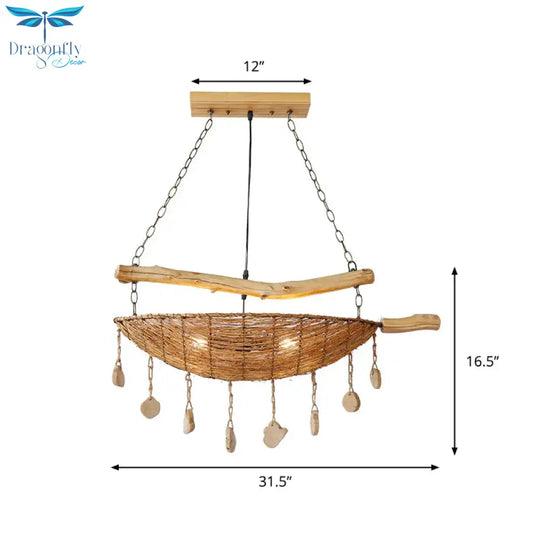 Asian Boat Shape Ceiling Chandelier Bamboo Rattan 2 Heads Restaurant Suspension Lamp In Flaxen With